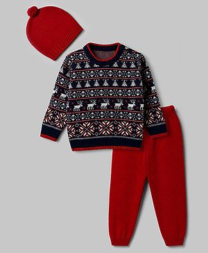 Babyhug Knit Full Sleeves Sweater Set With Cap & Floral Design - Red & Navy Blue