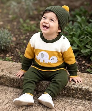 Babyhug Knit Full Sleeves Sweater Set With Elephant Applique - Mustard