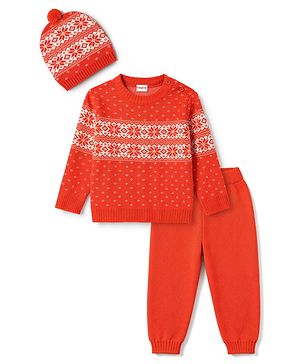 Babyhug Knit Full Sleeves Floral Designed Sweater Set with Cap - Red