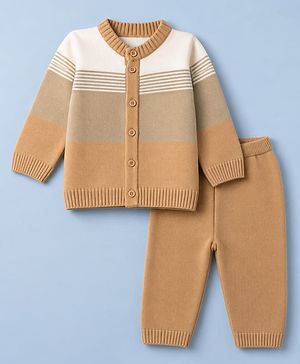 Babyhug Knit Full Sleeves Sweater Set - White & Beige