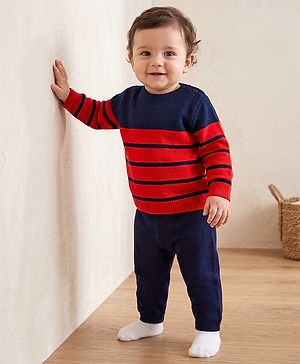 Babyhug Knit Sweater Sets with Full Sleeves and Striped Print in Red for 0-3 Months