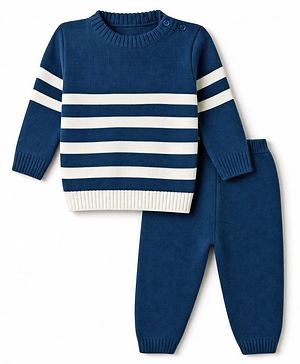 Babyhug Knit Full Sleeves Striped Sweater Set - Navy Blue