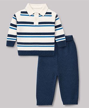Babyhug Knit Full Sleeves Striped Collar Neck Sweater Set - White & Blue