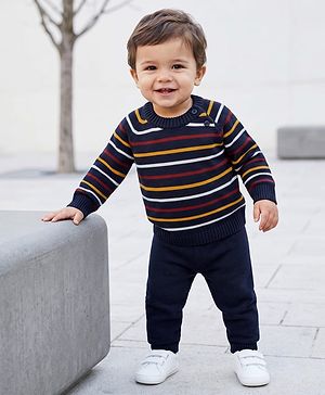 Babyhug Knit Full Sleeves Striped Sweater Set - Navy Blue