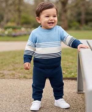 Babyhug Knit Sweater Set with Full Sleeves and Striped Print in Light/Sky Blue