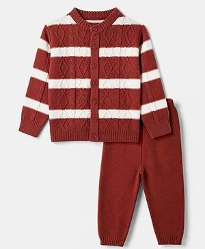 Babyhug Knit Full Sleeves Striped Sweater Set With Cable Knit Design - Brown
