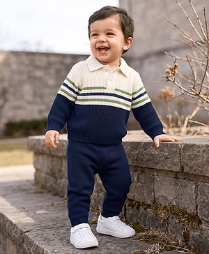 Babyhug Knit Full Sleeves Striped Sweater Set - White