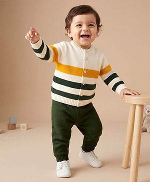 Babyhug Knit Full Sleeves Sweater and Pant Set with Stripes - White, Green, Yellow