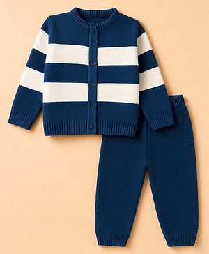 Babyhug Knit Full Sleeves Sweater Set With Stripes - White & Navy Blue