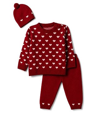 Babyhug Knit Full Sleeves Sweater Set with Heart Design - Maroon