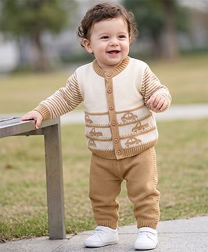 Babyhug Knit Full Sleeves Sweater Set with Vehicle Design - Beige