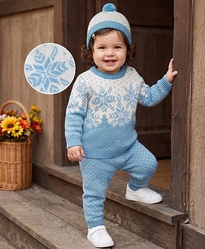Babyhug Knit Full Sleeves Snow Flakes Printed Sweater Set With Cap - Light Blue