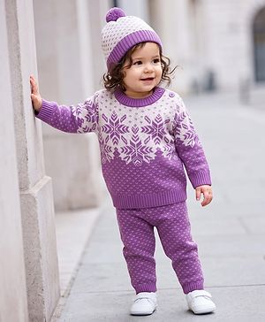 Babyhug Knit Full Sleeves Floral Design Sweater Set with Cap - Purple