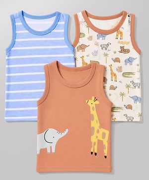 Babyhug 100% Cotton Single Jersey Knit Sleeveless Antibacterial Striped Sando With Animal Print Pack of 3 - Orange, Light Blue & White