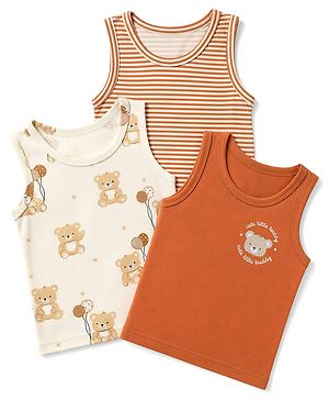 Babyhug 100% Cotton Single Jersey Knit Sleeveless Antibacterial Striped Sando With Teddy Print Pack of 3 - OffWhite, Orange & Rust Orange