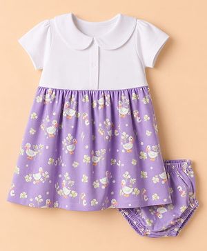 Babyhug 100% Cotton Knit Half Sleeves Floral Printed Frock With Bloomer - Lavender