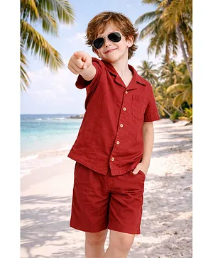 Zion Cotton Woven Half Sleeves Solid
                              Shirt & Shorts Set - Brick Red
