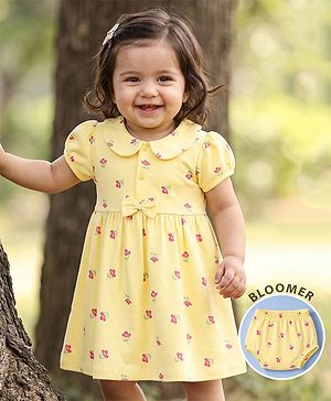 Babyhug 100% Cotton Single Jersey Knit Half Sleeves Floral Printed Frock With Bloomer With Bow Applique - Yellow