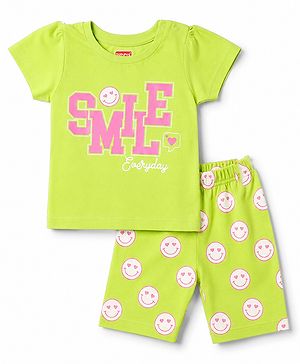 Babyhug 100% Cotton Knit Half Sleeves T-Shirt & Capri Night Suit with Smile Print - Lime