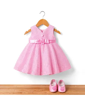 Blabber Woven Sleeveless Floral
                              Applique Detailed & Embroidered Knee
                              Length Dress With Booties - Pink
