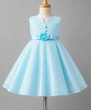 Blabber Sleeveless Floral Applique
                              Detailed & Embroidered Knee Length
                              Pleated Dress - Aqua Blue