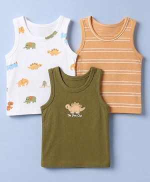 Babyhug 100% Cotton Single Jersey Knit Antibacterial Vest with Stripes & Dinosaur Print Pack of 3 - White Orange & Green