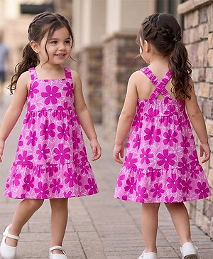 Babyhug 100% Cotton Single Jersey Knit One Piece Dress with Sleeveless Styling and Floral Print - Pink
