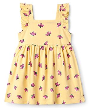 Babyhug 100% Cotton Knit Frock with Ruffle Sleeves and Floral Print - Yellow