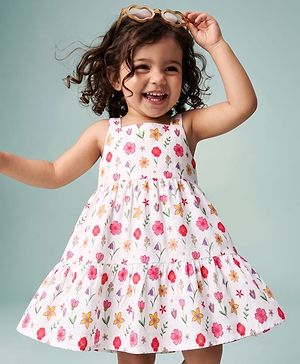 Babyhug 100% Cotton Single Jersey Knit Sleeveless One Piece Dress with Floral Print - White