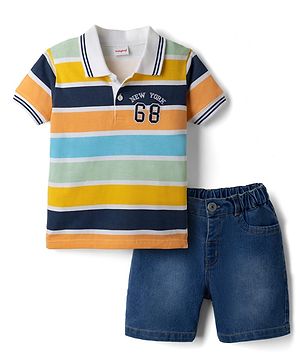Babyhug Single Jersey Knit Half Sleeves Striped T-Shirt & Denim Shorts Set With Varsity Print - Blue