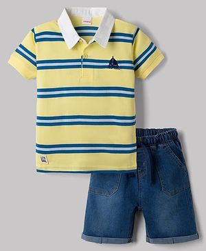 Babyhug Single Jersey Knit Half Sleeves Striped T-Shirt and Denim Shorts with Sailboat Embroidery - Yellow & Blue