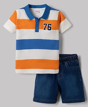 Babyhug Single Jersey Knit Half Sleeves Striped T-Shirt and Denim Shorts with 76 Embroidery - White & Blue