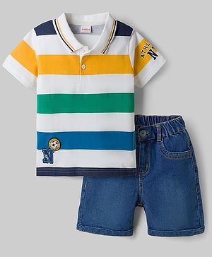 Babyhug Single Jersey Knit Half Sleeves Striped & Text Printed Polo T-Shirt & Denim Shorts Set - Navy Blue & Multicolor
