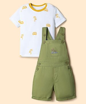 Babyhug 100% Cotton Slub Jersey Knit Half Sleeves Vehicle Printed Tee With Tree Embroidered Dungaree - Green & White