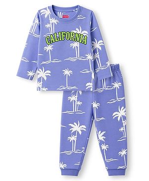 Babyhug 100% Cotton Knit Full Sleeves T-Shirt & Pyjama Night Suit Co-ords With Tropical & Text Print - Blue