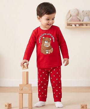 Babyhug 100% Cotton Knit Full Sleeves Bear Printed T-Shirt & Pyjama Night Suit - Red