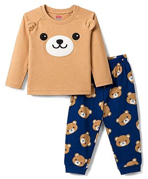 Babyhug 100% Cotton Knit Full Sleeves T-Shirt & Pyjama Night Suit Teddy Bear Print Wit Ear Applique - Brown