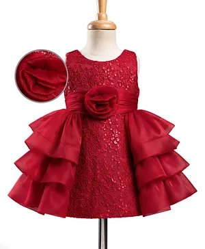 Mark & Mia Woven Sleeveless
                              Ruffles and Frills Party Dress With Floral
                              Applique & Embroidery - Maroon