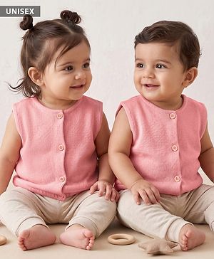 Babyhug Knit Sleeveless Solid Front Open Sweater - Pink