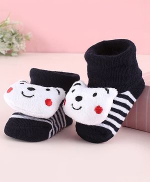 Cute Walk by Babyhug Fabric Socks Shoes With Strips & Large Animal Applique - White
