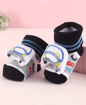 Cute Walk by Babyhug  Fabric Socks Shoes With Alphabets & Large Vehicle Applique - Black & White