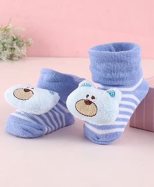 Cute Walk by Babyhug Fabric Socks Shoes With Strips & Large Bear Applique - Blue