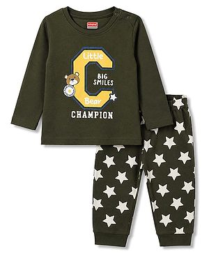 Babyhug 100% Cotton Knit Full sleeves T-Shirts & Pyjama Night Suit With Champion & Star Print - Dark Green