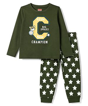 Babyhug 100% Cotton Knit Full Sleeves T-Shirt & Pajama Night Suit with Bear Face & Star Print - Dark Green