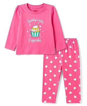 Babyhug 100% Cotton Knit Full Sleeves T-Shirt & Pyjama Night Suit With Cupcake & Heart Print - Pink