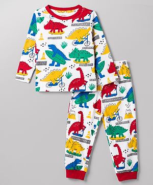 Babyhug 100% Cotton Knit Full Sleeves T-Shirt & Pyjama Night Suit With Dino Print - White