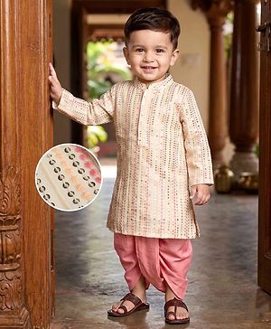 Babyhug Georgett Woven Full Sleeves Striped Sequinned Kurta & Dhoti Set - Beige