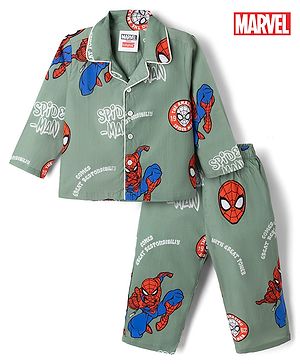 Babyhug Marvel Full Sleeve Co Ords Pyjama Night Suit With Spider Man All Over Print - Green