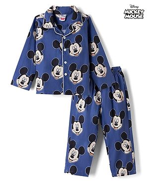 Babyhug Disney 100% Cotton Poplin Woven Full Sleeves Co-ord Shirt & Pajama Night Suit with Mickey Mouse Graphic Print - Navy Blue