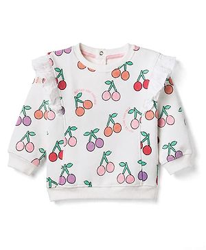 Bonfino Cotton Knit Fleece Oversized Sweatshirt with Full Sleeves and Cherry Print - White